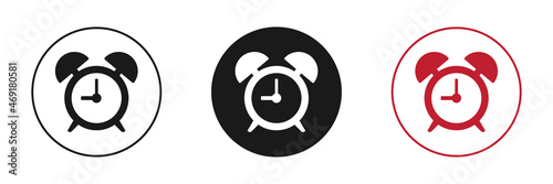 Alarm clock icons set. Black, red alarm clock. Vector illustration