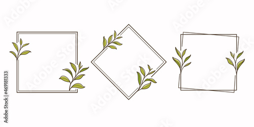 Square botanical frame element with green tea leaves. Simple contour vector illustration for packaging, corporate identity, labels, postcards, invitations.
