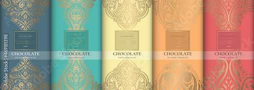 Vintage set of chocolate bar packaging design. Vector luxury template with ornament elements. Can be used for background and wallpaper. Great for food and drink package types.