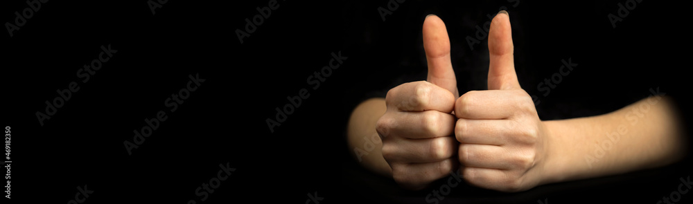 Big deal hand gesture concept. Banner. Thumb up close-up. Business background with copy space Big deal hand gesture concept. Banner. Thumb up close-up. Business background with copy space