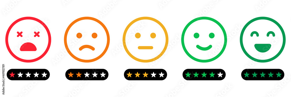 Emoji Feedback Scale with Stars Line Icon. Customers Mood from Happy Good Face to Angry and Sad Concept. Emoticon Feedback. Level Survey of Customer Satisfaction. Isolated Vector Illustration Emoji Feedback Scale with Stars Line Icon. Customers Mood from Happy Good Face to Angry and Sad Concept. Emoticon Feedback. Level Survey of Customer Satisfaction. Isolated Vector Illustration