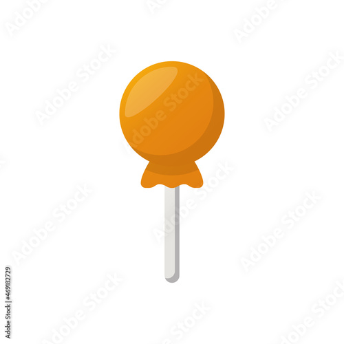 Sweet Caramel with Wrapper on Stick illustration. Orange Lollipop on Stick. Cute Tasty Candy and Party Treat on White Background. Isolated Vector