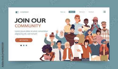 Join our community. Crowd of united people as a business or creative community standing together. Flat concept vector website template and landing page design for invitation to summit or conference