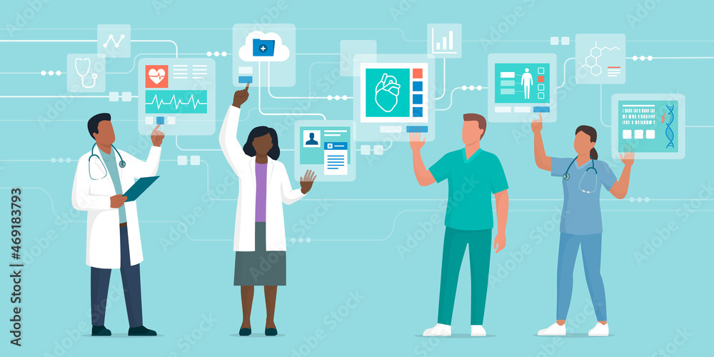 Doctors interacting with digital interfaces and checking health data Doctors interacting with digital interfaces and checking health data