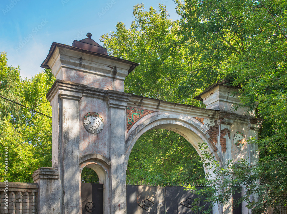 Old gate of faience factory in Konakovo. Russia