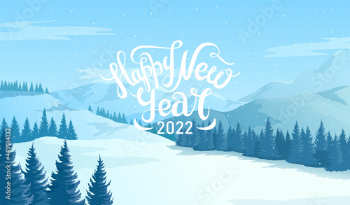 Happy New Year. Winter holiday landscape with snowdrifts and snowy fir trees. Vector flat style  illustration. Seasonal nature background. Frosty snow hills.

