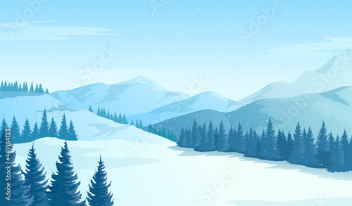 Winter landscape with snowy mountains and pine trees. Vector illustration. Blue Christmas background.