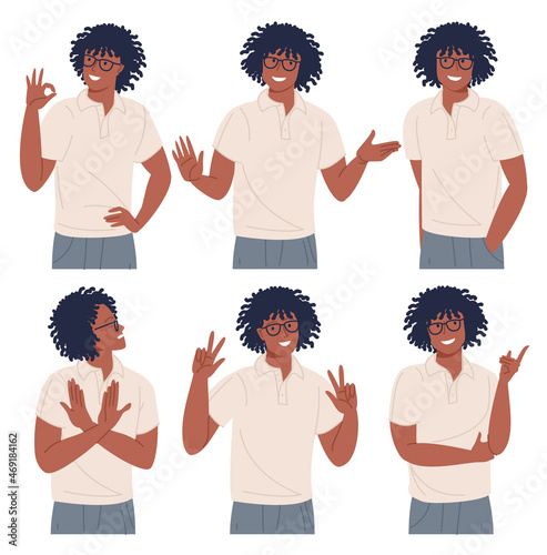 Young man c gesture set.