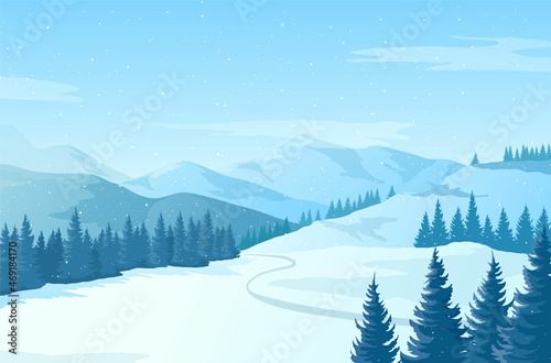 Winter landscape with snowy mountains and pine trees. Vector illustration. Blue Christmas horizontal background. Vector drawing of beautiful winter morning mountains.