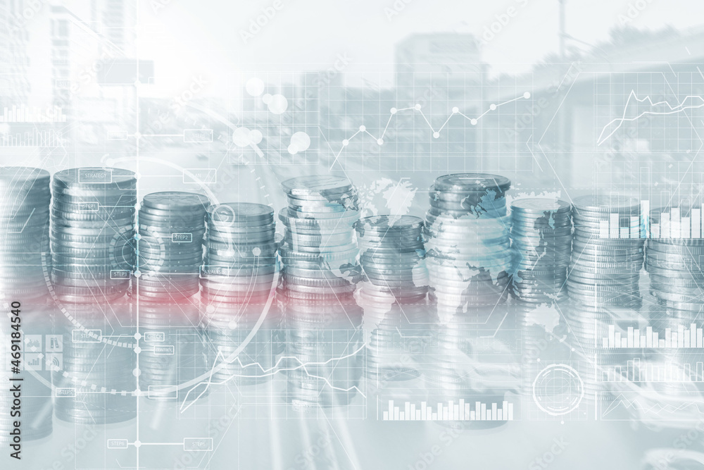 Financial dashboard with business intelligence BI. Blurred businessmen in the office Financial dashboard with business intelligence BI. Blurred businessmen in the office