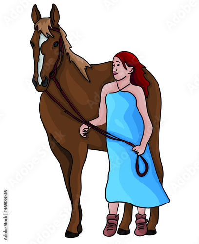 Vector digital illustration, ready to print: A girl and her chestnut mare