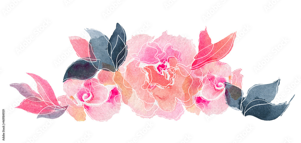 Watercolor floral composition of rose flowers and branches