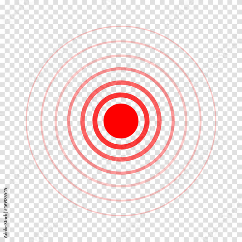 Pain point icon. Red hurt symbol. Concentric ache localization sign isolated on transparent background. Radar or sonar wave. Vector illustration.