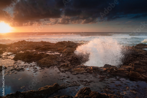 Waves out of Thor's well at sunset