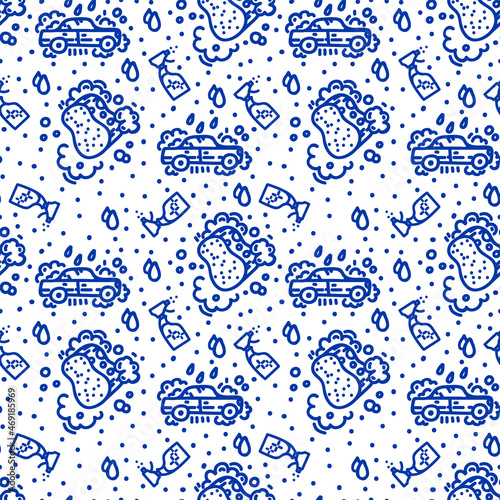 Car wash background. The substrate is the cleaning of transport. Background for the truck washing service in doodle. Vector linear background for car wash textiles. Vector illustration
