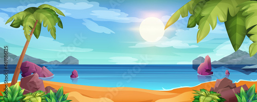 Cartoon sea landscape with ocean beach, seaside stones and sun. Summer tropical island with palm trees and clouds in blue sky. Seascape with rocks sticking up of water surface and sand in coastline.
