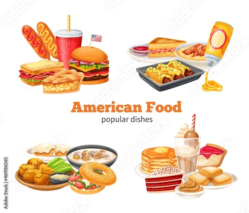 American food banners. Corn dog, clam chowder, biscuits and gravy, apple pie, blt, sandwich and buffalo wings vector. Red velvet cake, grits, monte cristo sandwich, pancakes, maple and spray cheese