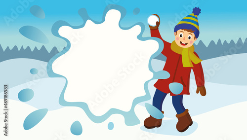 Funny christmas web banner, copy space, vector illustration. Winter games, child plays with snowballs. Winter landscape. Advertising and sale banner.