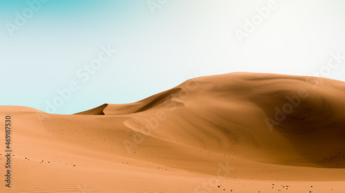 Blue sky and orange dunes. Desert dunes landscape with contrast skies. Minimal abstract background. 3d rendering