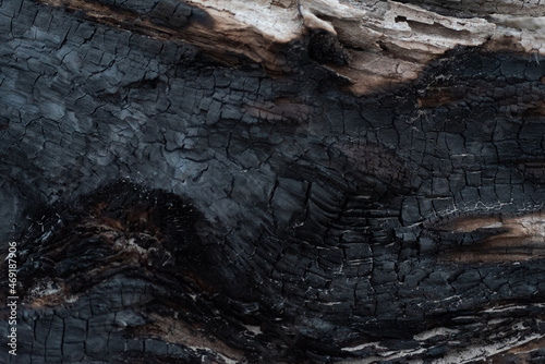 Black background, closeup of burned log 