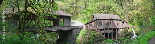 Canvas Print Covered Bridge & 1876 Grist Mill on Cedar Creek -  A 
 panoramic view of the Cedar Creek grist mill  and adjacent covered bridge - located 10 miles east of Woodland, Wa