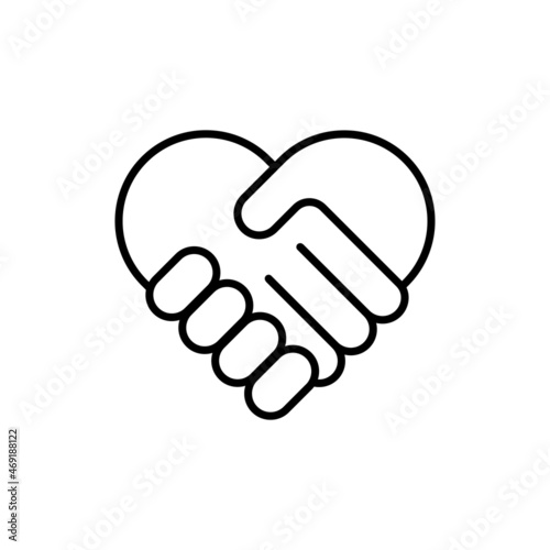 Handshake symbol forming a love heart black icon. Charity, help concept. Trendy flat isolated outline symbol, sign used for: illustration, logo, mobile, app, design, web, dev, ux, gui. Vector EPS 10