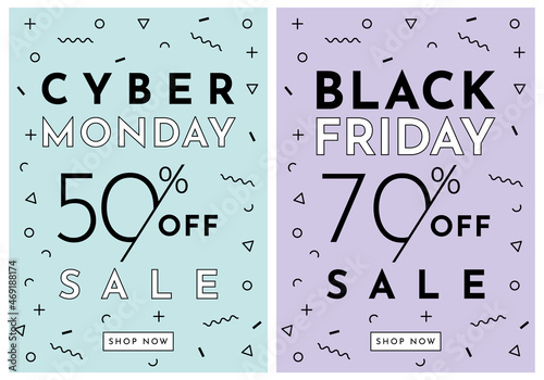 Set of Black Friday and Cyber Monday Sale Templates. Vector Illustration. Background with Memphis Pattern. Great for Social Media Post, Promotion, Advertising, Newsletter, Poster, Banner, Voucher.