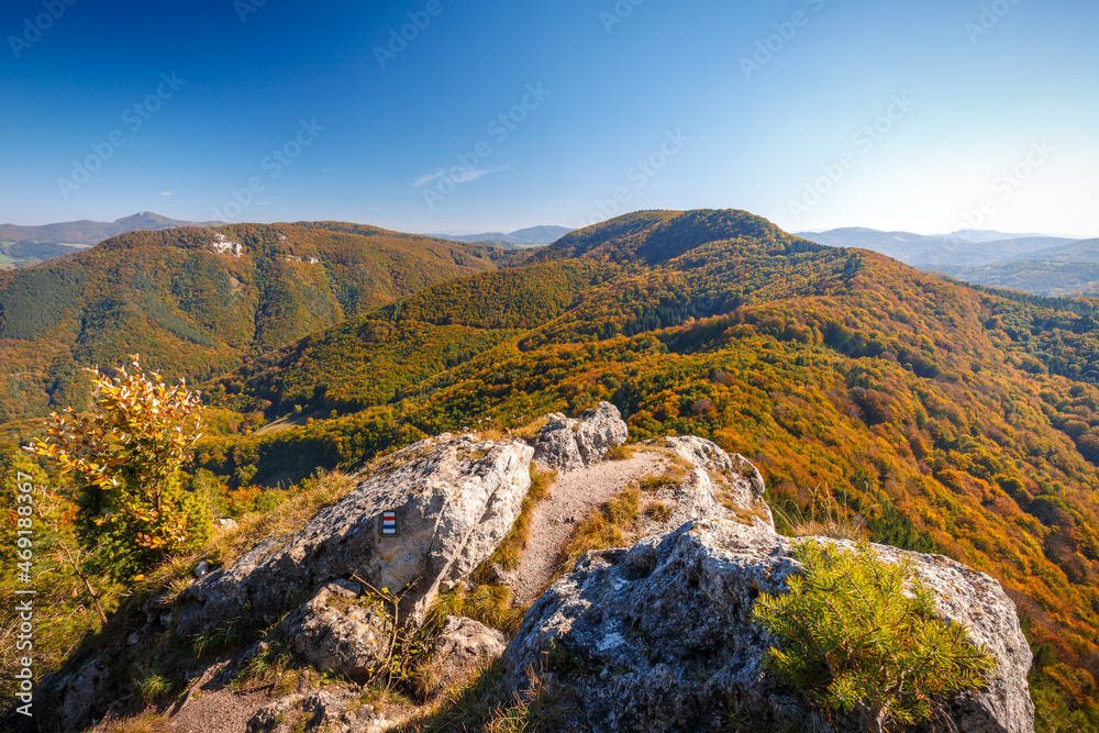 View from the top of The Vapec hill in The Strazov Mountains in northwestern Slovakia at autumn, Europe.