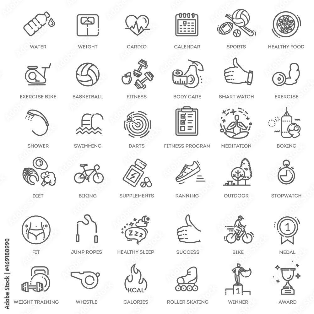 Web Set of Fittness Vector Thin Line Icons. Contains such Icons as Healthy Lifestyle, Weight Training, Body care and more.