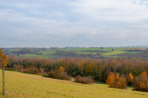 The terrain country of the south Netherlands in fall  Colourful autumn landscape of hillside with yellow orange trees in forest  Zuid Limburg and small villages in Dutch province of Limburg  Holland.