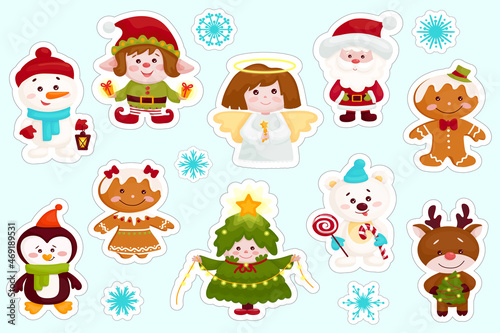 A set of stickers with cute Christmas characters. Cartoon vector graphics isolated on white background.