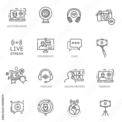 Stream icons set. Outline set of stream vector icons for web design isolated on white background