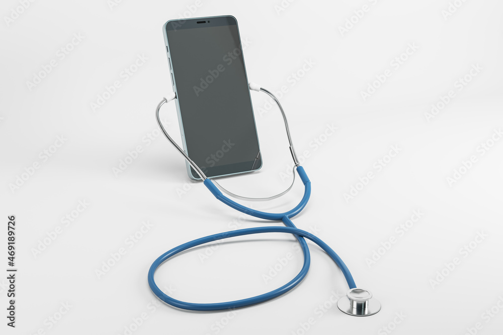 Close up of abstract empty phone screen with stethoscope on light background with mock up place. Online medicine, ask a doctor concept. 3D Rendering. Close up of abstract empty phone screen with stethoscope on light background with mock up place. Online medicine, ask a doctor concept. 3D Rendering.