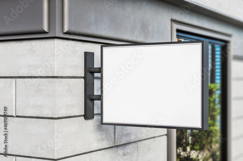 Empty white square stopper on concrete tile wall. Restaurant advertisement and banner concept. Mock up, 3D Rendering.