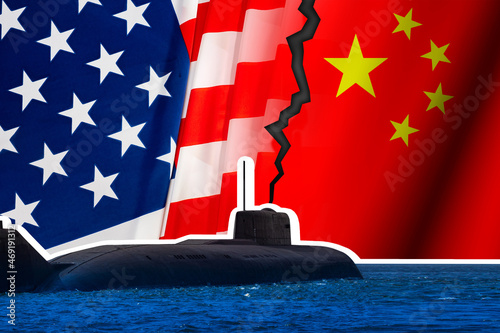 Confrontation between USA and China. Submarine over sea. Chinese and American flags. Military confrontation at sea. USA is military threat to China. American Threat in Ocean. 3d rendering.