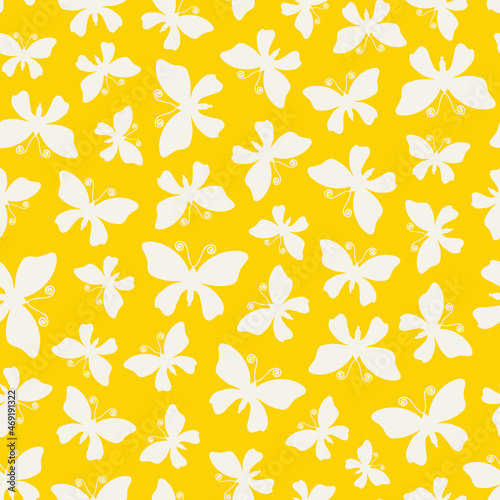 Butterfly seamless repeat pattern. Random placed, vector lepidoptera flying insect all over surface print on yellow background.