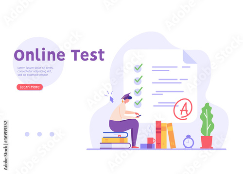 Man taking university exam remotely and temporarily. Student writing test. Concept of online exam, online survey, testing, e-learning. Vector illustration in flat design for UI, banner, mobile app