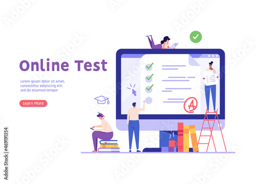 People taking university exam remotely and temporarily. Students writing test. Concept of online exam, online survey, testing, e-learning. Vector illustration in flat design for UI, banner, app