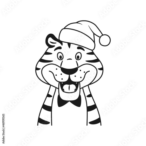 Black and white line talking happy tiger in Santa hat portrait isolated on white background. Cute adorable wild cat. Coloring page for children. Holiday outline striped character vector illustration.