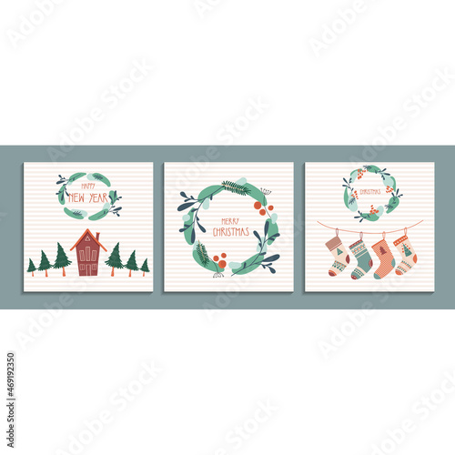 Collection of Christmas and New Year Greeting card. Christmas stockings and wreath with hand written text Merry Christmas, Hapy New Year, Christmas