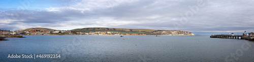 Panorama of Swanage Bay and Pier in Swanage, Dorset, UK on 13 November 2021