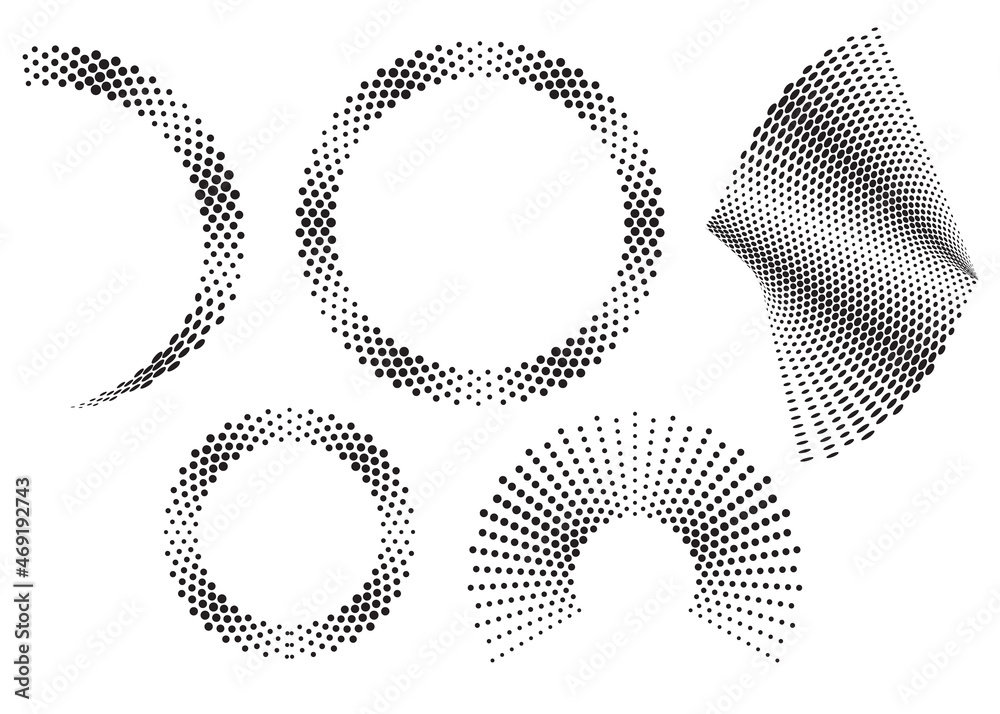 Set of halftone dots elements. Ideal for neutral filling of the background, the center of the composition. Vector illustration. Perfect ready to use set of elements for your design. 	