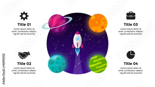 Circle diagram. Startup vector infographic. Rocket launch into space. Universe background. Presentation slide template. Business success chart. 6 options.