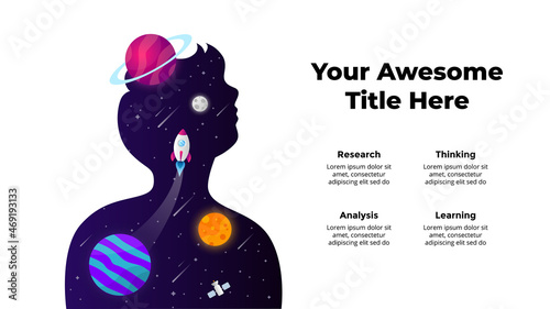 Human dreams about universe. Startup vector Infographic. Rocket launch into space background. Presentation slide template. 