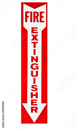 fire extinguisher arrow sign in red and white isolated on white