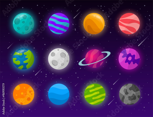 Fototapeta Naklejka Na Ścianę i Meble -  Universe background. 12 abstract modern planets. Space illustration. Icons set. Stars and comets. Scientific future concept.