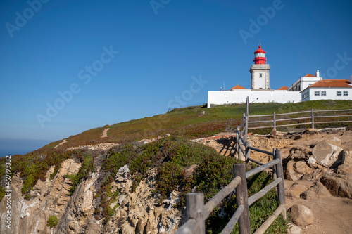 Cabo da Roca Lighthouse. Portuguese Farol de Cabo da Roca is a cape which forms the westernmost point Eurasian land mass.