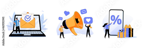 Social media promotion scenes. Characters using big loudspeaker to communicate with audience, sending advertising emails