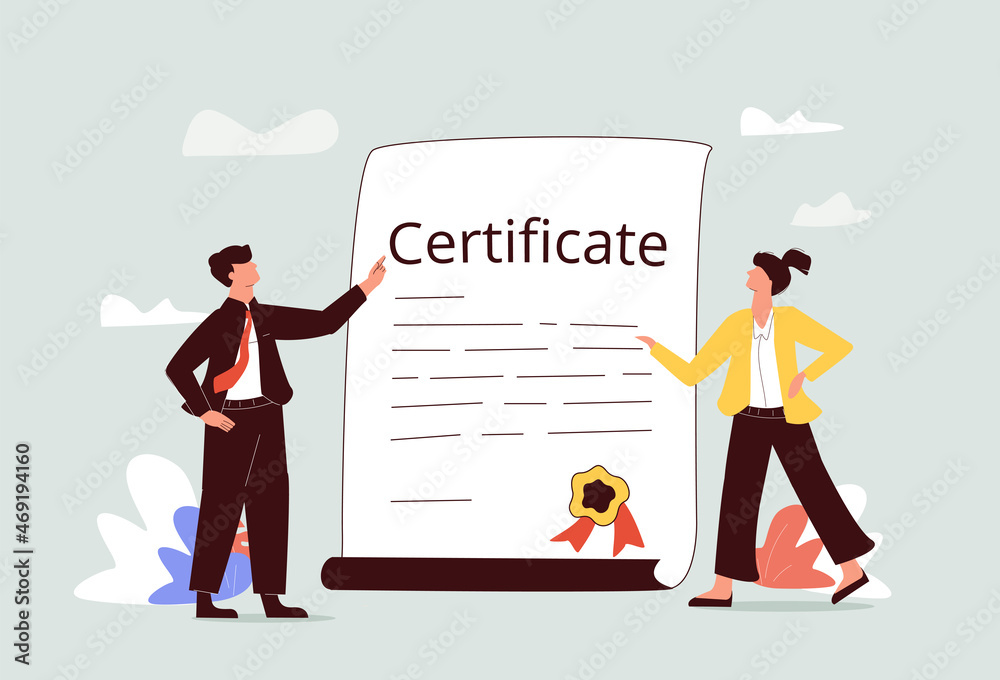Business certificate and development concept. Young smiling partners woman and man cartoon characters hold certificate.