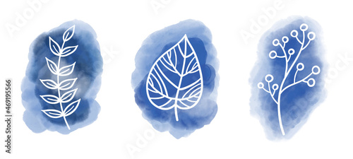 Set of abstract Vector Plants with Watercolor Blue Snaps. Hand drawn illustration for icon or logo